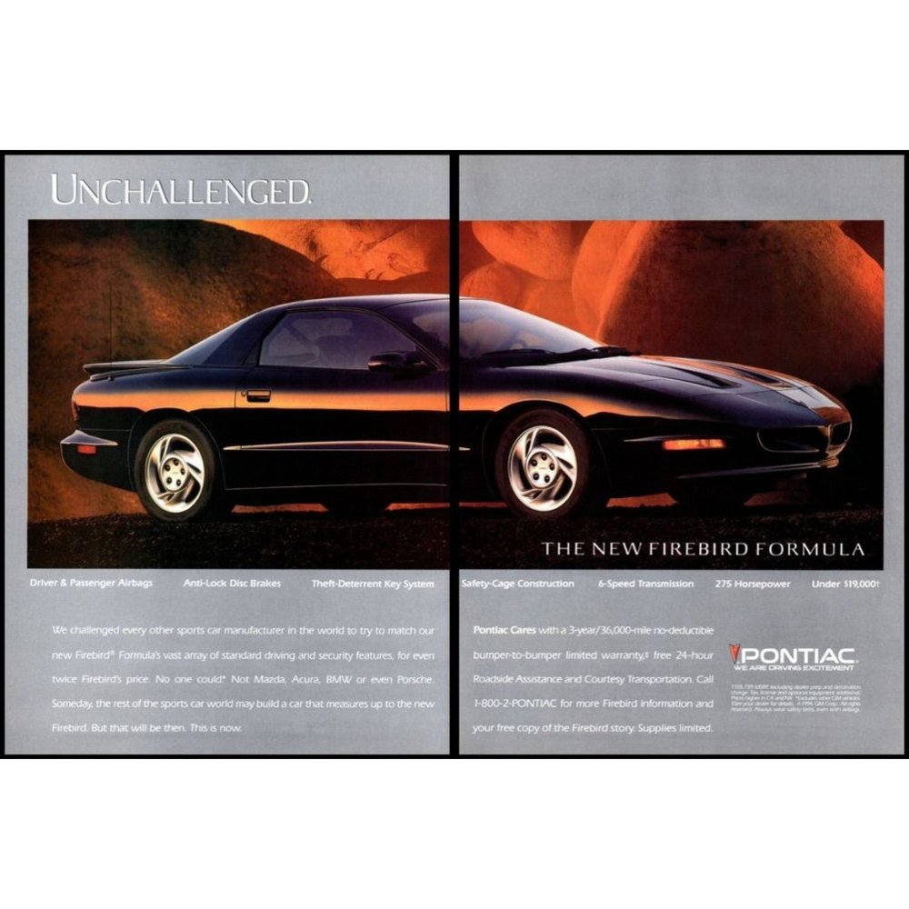 1994 Pontiac Firebird Formula Sports Car 2 Page Vintage Print Ad Wall Art